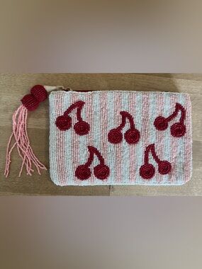 Wandering Moon Beaded Cherry Clutch-wristlet pouch Pink and Red striped
